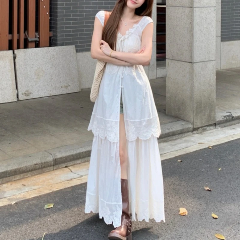 Летнее Длинное Платье с вышивкой и кружевом V-образным вырезом офисное женское