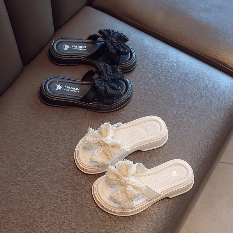 

Girls Slippers Children Home Bowtie Shoes Kids Breathable Non-Slip Thick Sole Summer New Princess Platform Oudoor Beach Slippers
