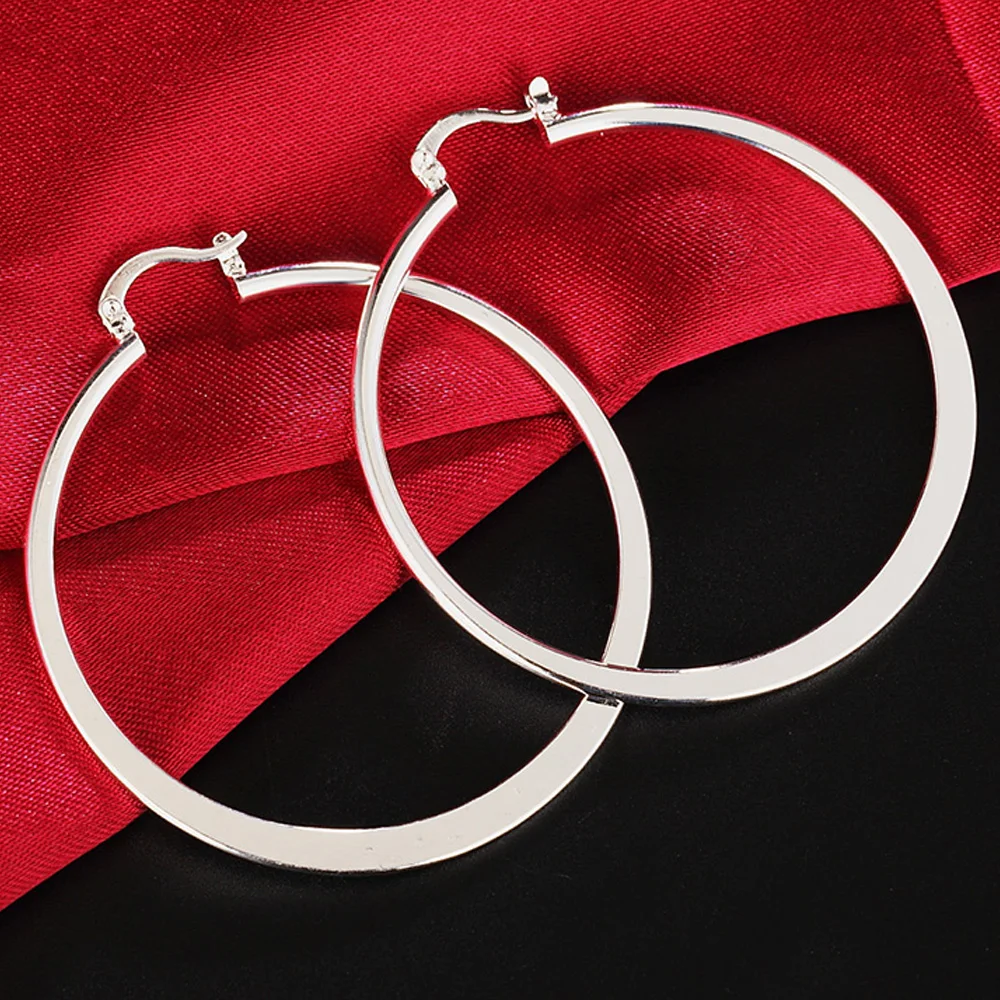 

925 Stamp 5.5cm/55mm Flat Round Hoop Earrings For Women Wedding Party Luxury Fashion Jewelry Female Christmas Gift