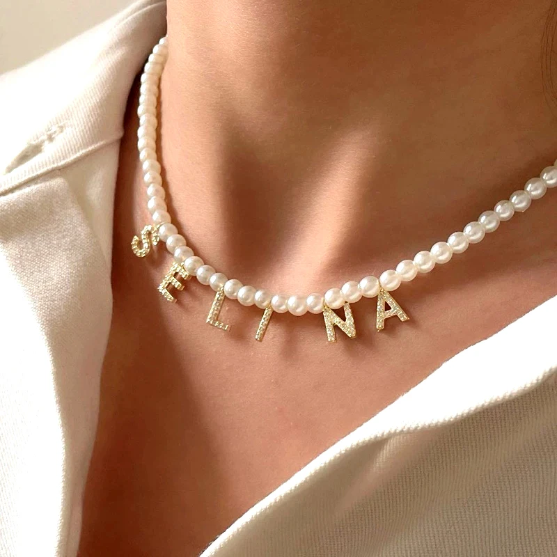 

Customized Necklace DIY NAME Initial Letter Pendant Simulated Pearls BeadS Necklaces for Women Choker Charms Necklace Jewelry