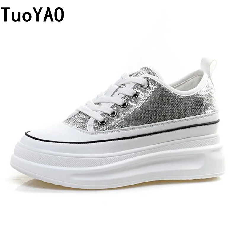

Women Casual Shoes Spring Bling Leather Shoes 7CM Platform Wedge Women Fashion Sneakers Chunky Shoes Autumn Zapatillas Mujer New