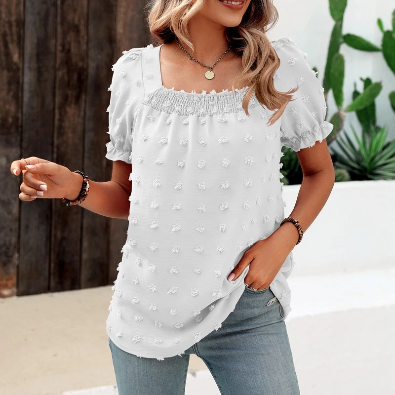 

Summer Square Collar Chiffon Blouse Women's Clothes Sweet Jacquard Pleated Shirt Lady Casual Short Sleeve White Tops Mujer 25467