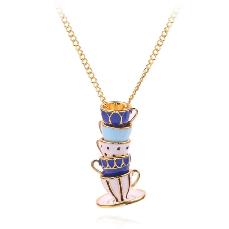 

Enamel Delicate Style Stacked Tea Cup Pendant Necklace Trendy Romantic Choker