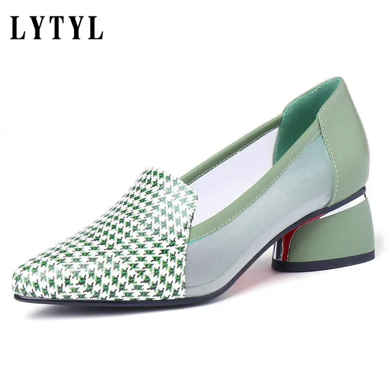 

High Heels 2022 Spring Mesh Shoes Woman Round Toe Women Mid Heels for Summer Slip on Female Footware Pump Heels C1-75