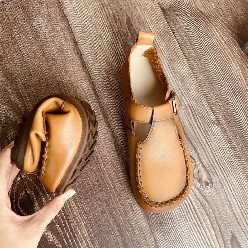 Retro Soft Artificial Leather Loafers Woman Vintage T-Strap Mary Janes Ladies Comfy Wide Toe Flat Moccasion Shoes