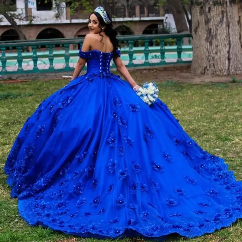 Королевские синие платья Quinceanera роскошные кристаллы 3D цветочная аппликация