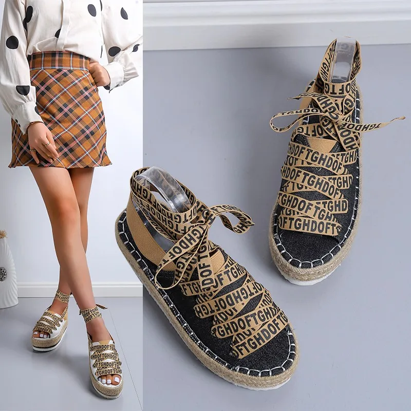 2022 Summer New Ladies Sandals Plus Size 43 Platform Sandals Wedge Casual Beach Shoes Ladies Flat Lace Up Ladies Espadrilles
