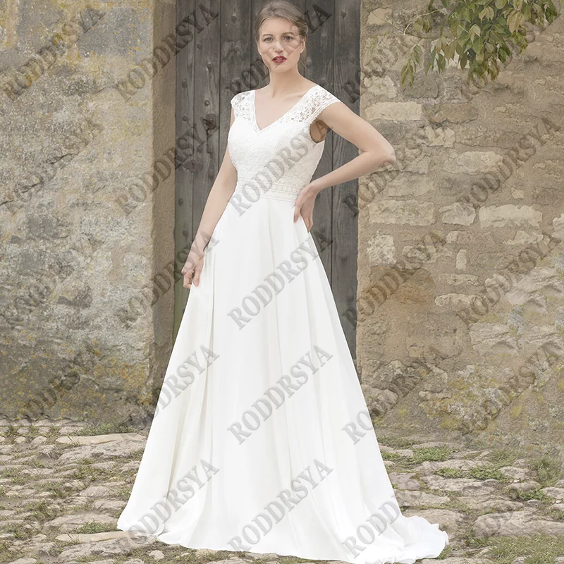 

RODDRSYA Elegant Lace Appliques Wedding Dresses Cap Sleeves A-Line Robe De Mariée Bohème Backless Satin Bridal Gown Custom Made