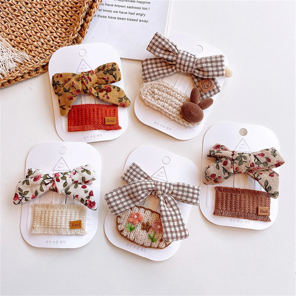 

Children's Embroidery Checkered Bow Hair Clip Sweet Girls Fragmented Hair BB Snap Bangs Ponytail Hairpin Hair Accessories 2Pcs