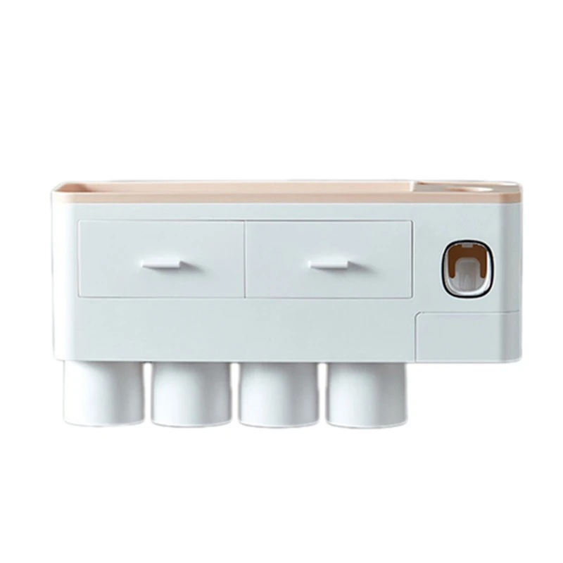 

4Cup Toothbrush Holder Automatic Toothpaste Squeezers Dispenser Bathroom Set Cup Wall Mount Toiletries Storage Rack