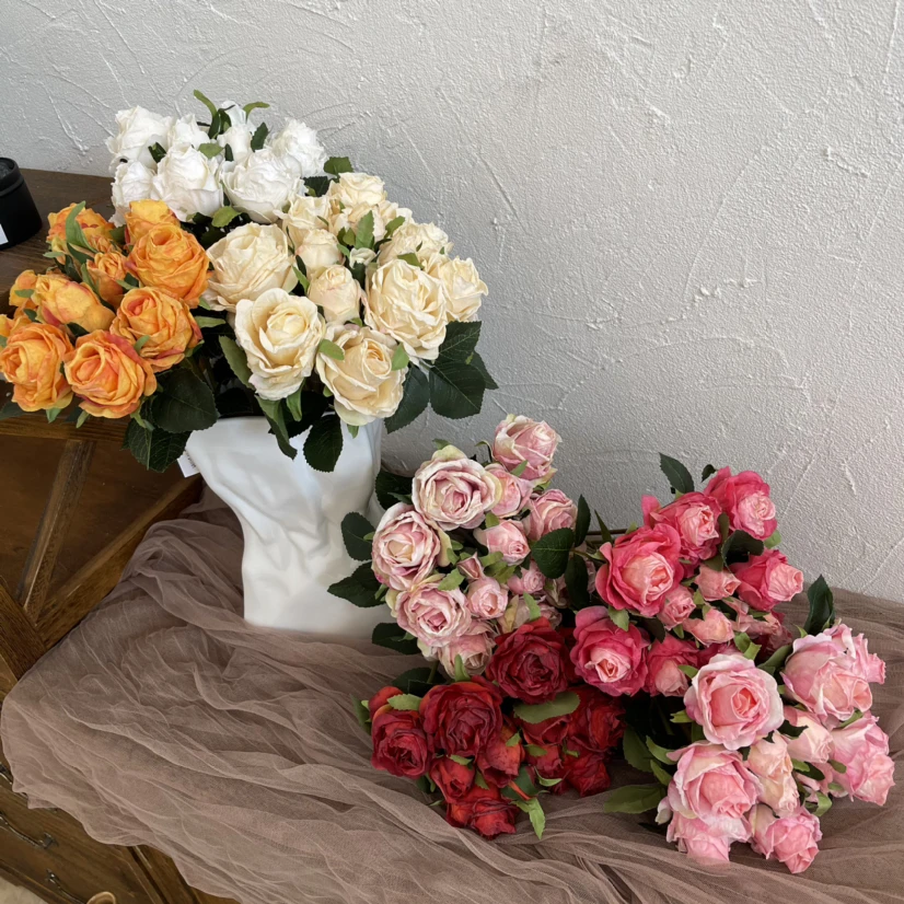 

Artificial Silk Burnt Edge Rose Fake Bouquet Wedding Photography Props Home Living Room Garden Hotel Office Desktop Plant Decor