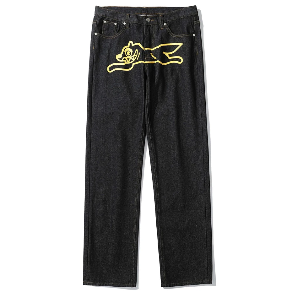 Hip Hop Baggy Jeans Y2K Dog Print Fashion Straight Loose Denim Pants Men Harajuku Streetwear Skateboard Jeans Trousers Black