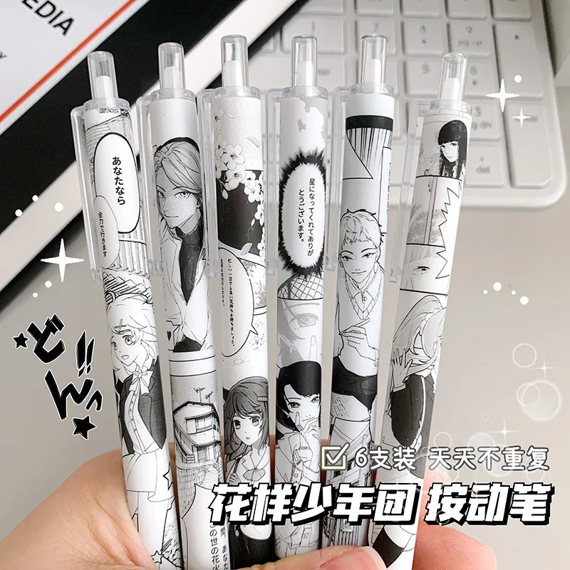 

6pcs Creative comic style Press gel pen Stationery for School Supplies Kawaii Black Press Pen 0.5