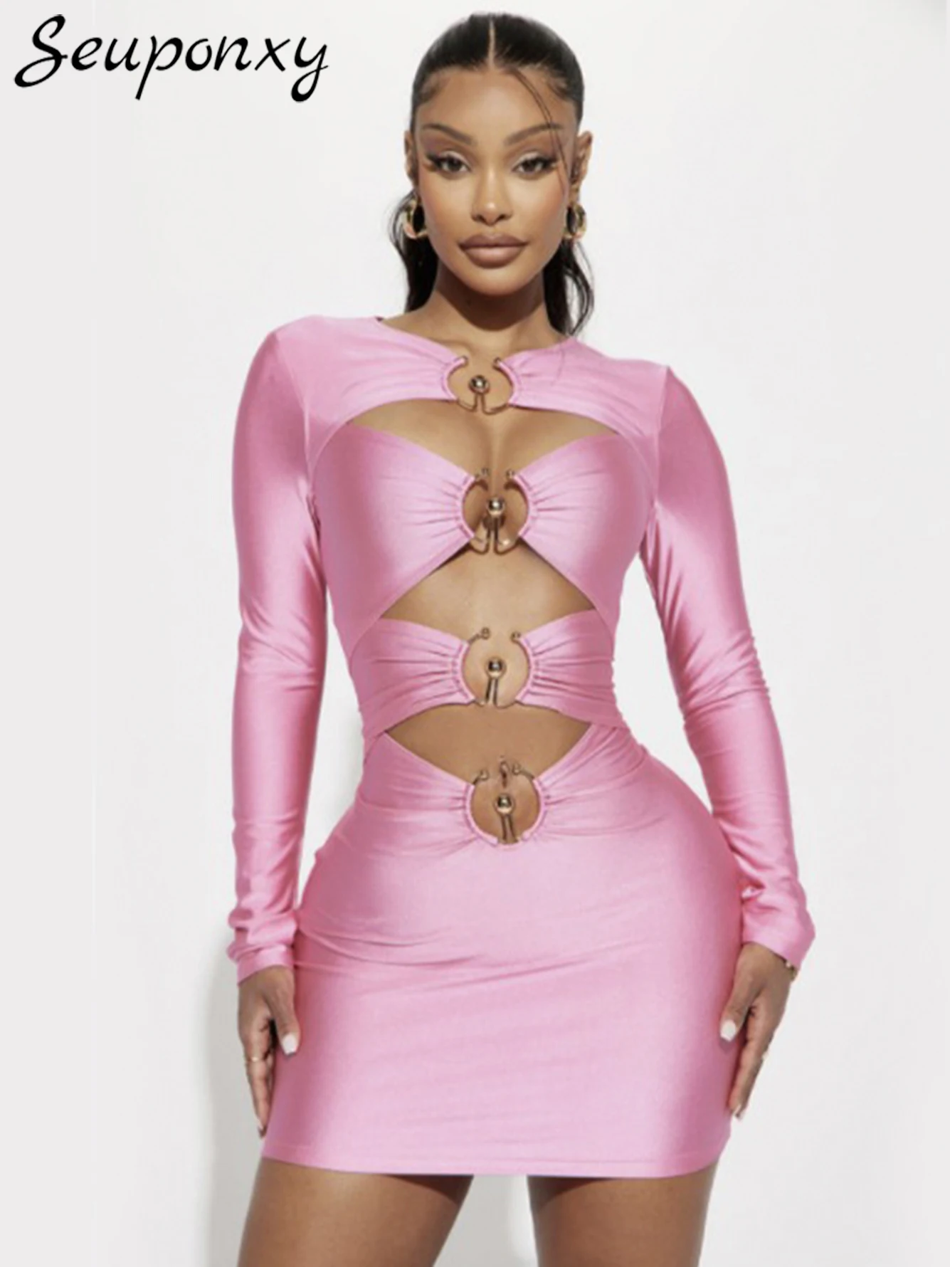 

High Quality Women's 2023 Summer Pink Sexy Hollow Long Sleeve O-Neck Elegant Evening Party Club Bandage Mini Dress Vesidos