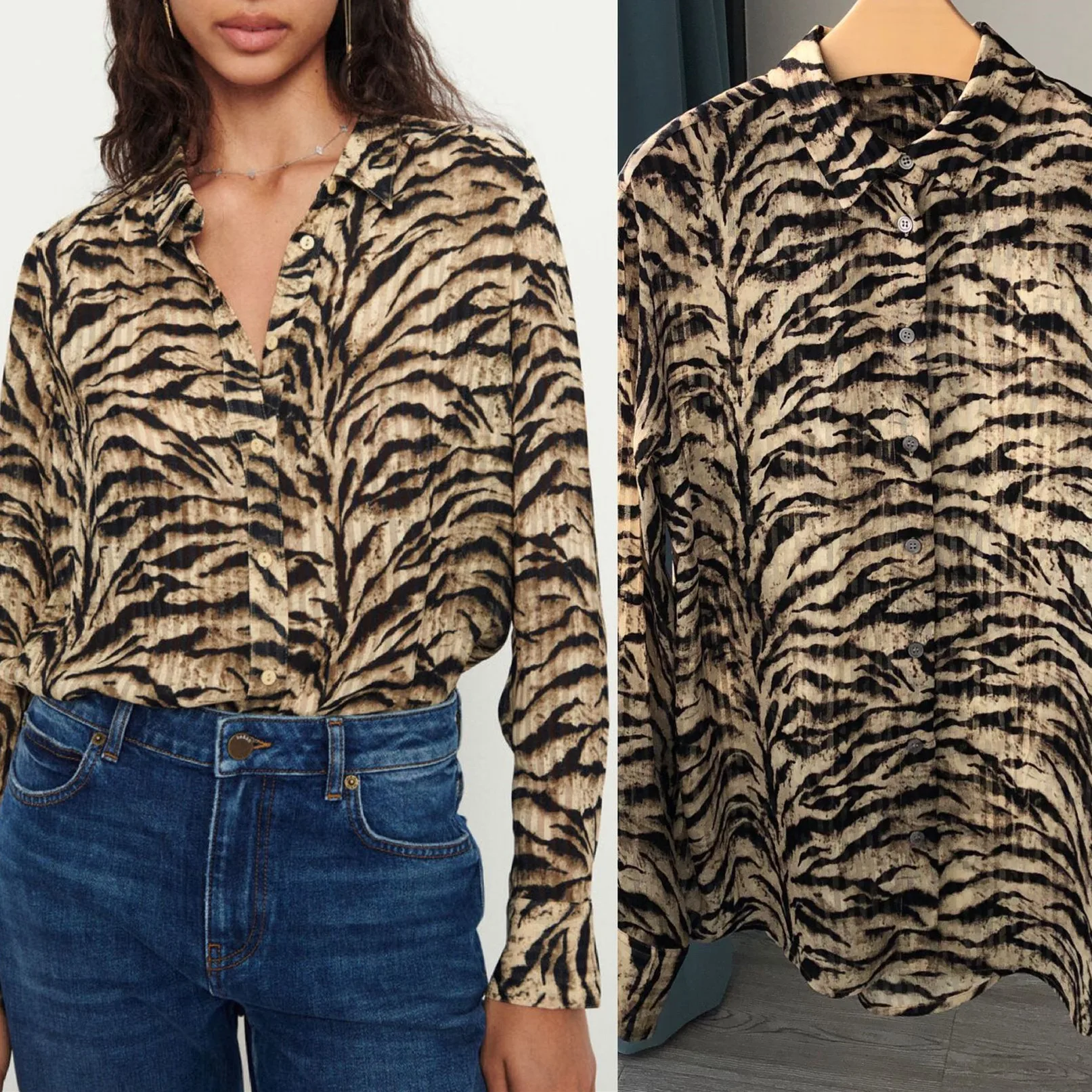 

Women Tiger Stripes Blouse Early Autumn Turn-down Collar Top Long Sleeve Straight 2022 Ladies Shirt