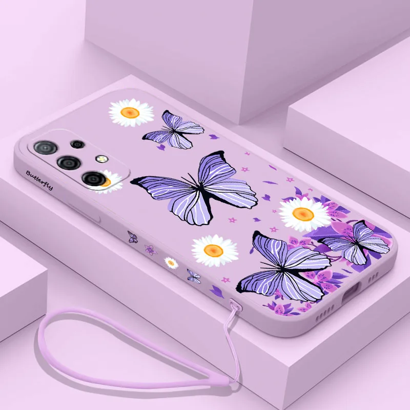 

Purple Butterflies Phone Case For Samsung A53 A50 A12 A52 A52S A51 A72 A71 A73 A81 A91 A32 A22 A20 A30 A21 4G 5G with Hand Strap