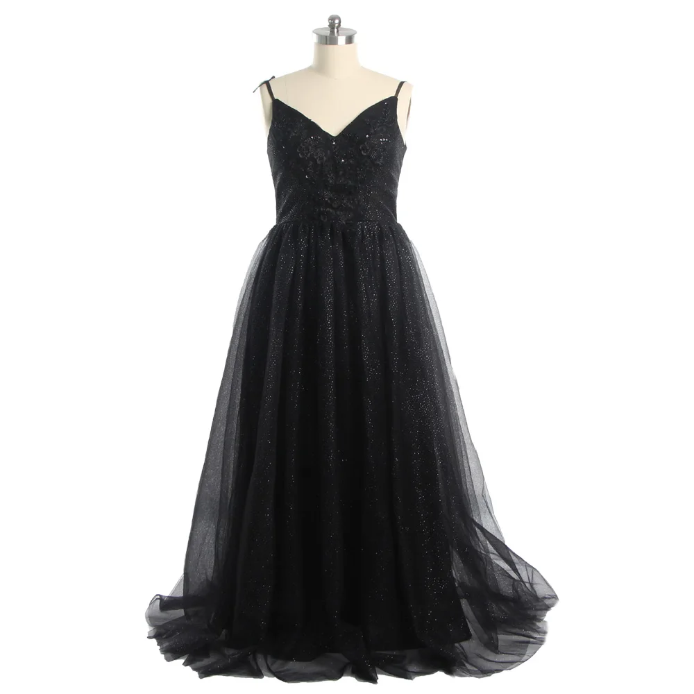 

Evening Dresses Black Tulle V-neck Sleeveless Lace up Appliques Beading Bling A-line Floor Length Plus Women Party Dress A857