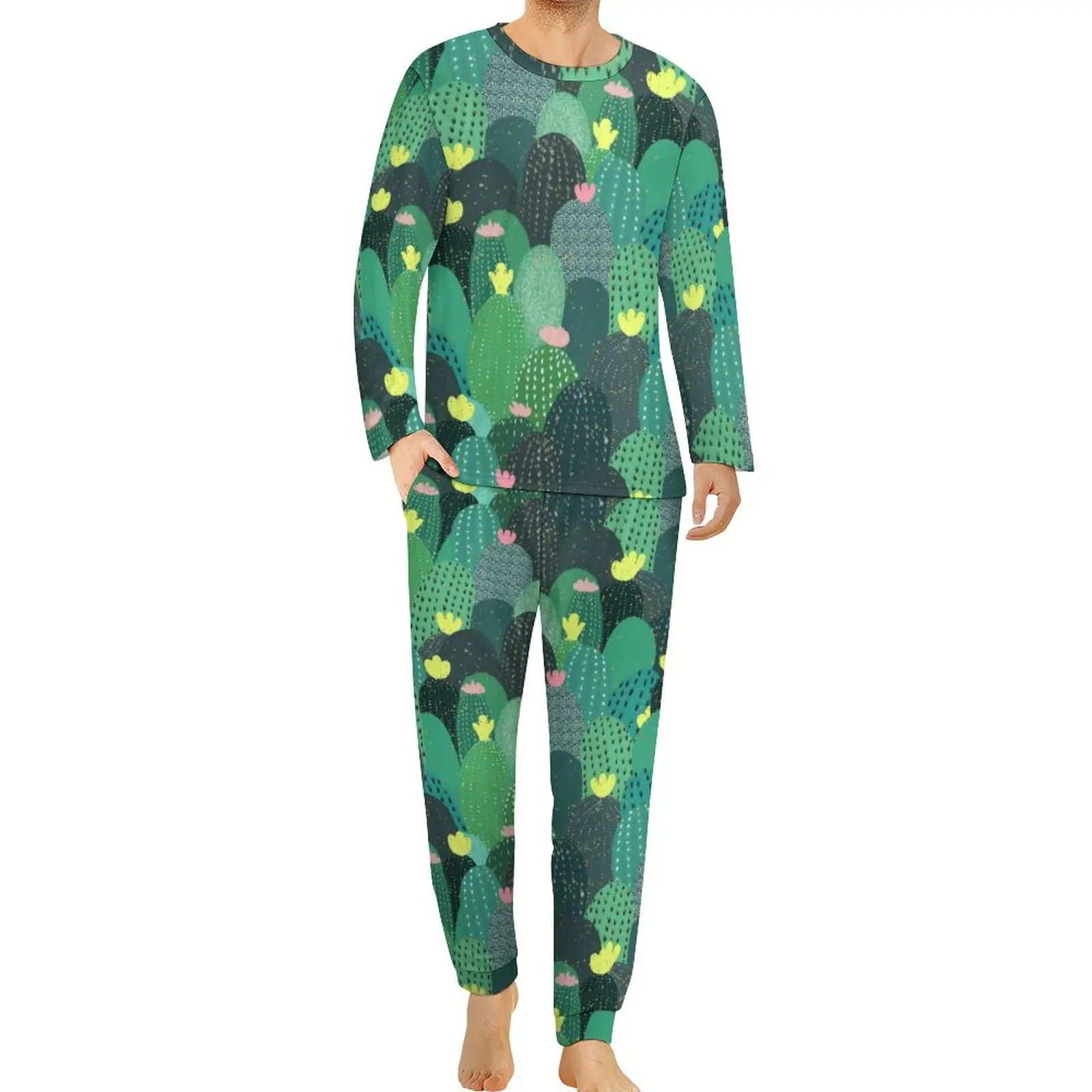 Tropical Print Pajamas Mens Green Teal Cactus Cute Home Suit Long Sleeves 2 Pieces Leisure Design Pajama Sets Big Size 4XL 5XL