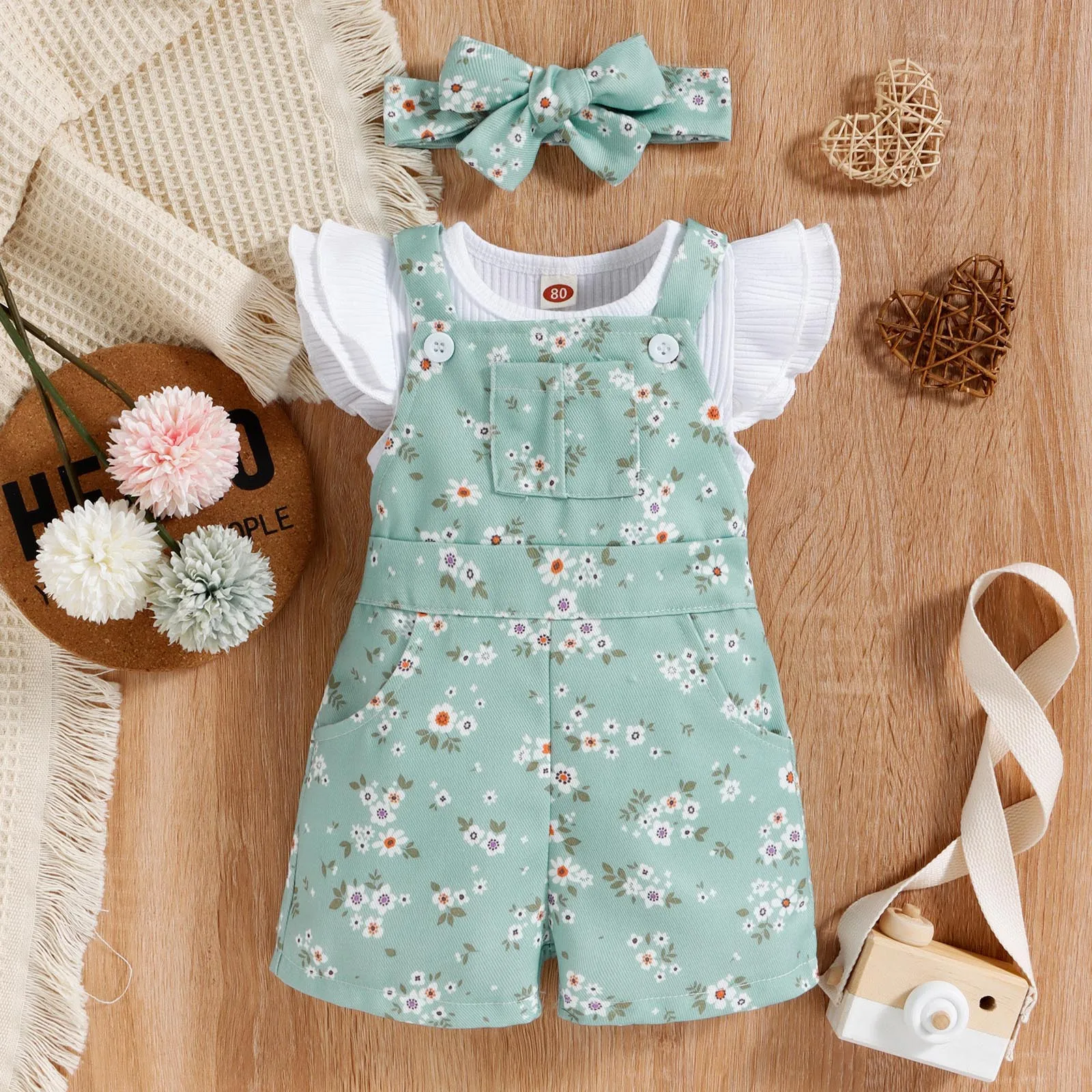 

Infant Baby Girls Clothes Sets Fly Sleeve Ribbed Top+Floral Print Suspender Shorts+Bow Hairband Sets 3Pcs Outfits Sets Clothing