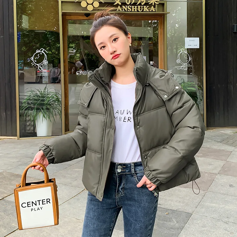 GRELLER Leather Winter Women Hooded Down Jacket Casual Long Sleeve Zipper Short Outerwear Female Korean Warm Loose Students Coat