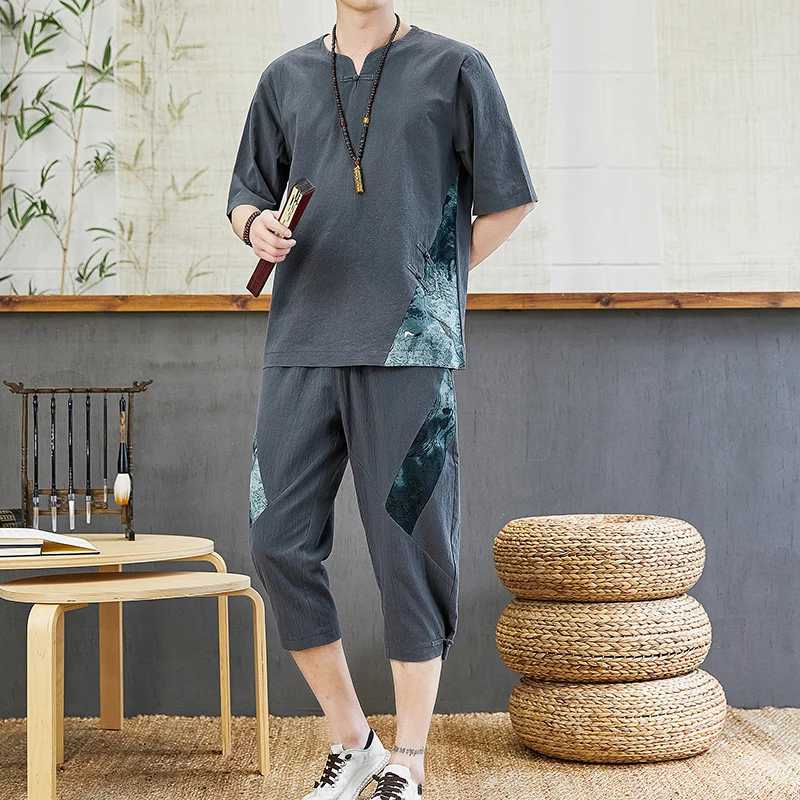 Мужской комплект из футболки с коротким рукавом и брюк хлопка льна - купить по