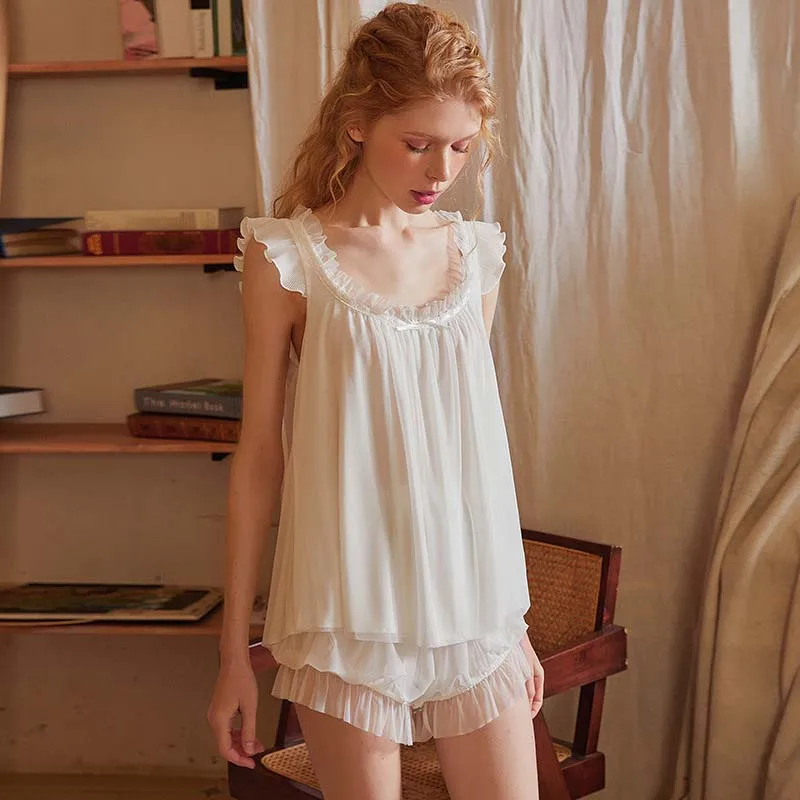 Roseheart Summer Pink Women's Sleep Nightwear Pajama Sets Sleepwear Suits Luxury Nightgown 2 Pieces Lace Bow Homewear Classical