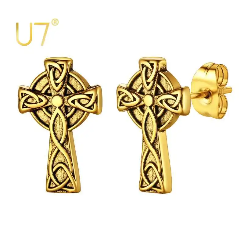 

U7 Delicate Ear Studs Stainless Steel Enamel Retro Black Celtic Knot Cross Stud Earrings for Women Girls