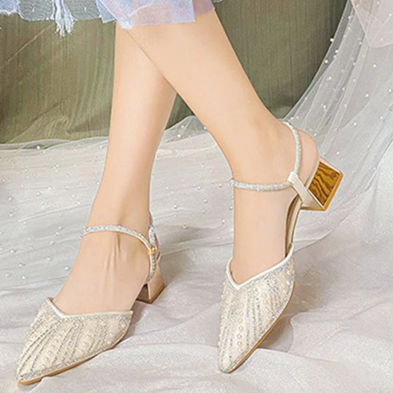 

Big Size Female Shoes Ladies Pumps Pointed Toe Mules Bling Women Summer 2022 Party Luxury Rhinestones Slides Outside Heels