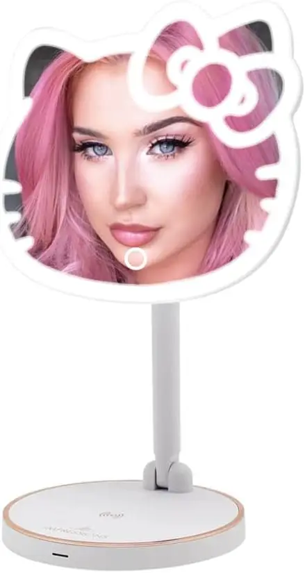 

Vanity Tabletop Mount LED Rechargeable Makeup Mirror with 360 Degree Rotation, Touch Sensor Desk Mirror with Light Strip and Ad