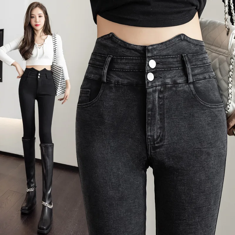 Fashion Sexy Women's Imitation Jeans Leggings Slim High Waist Double Buttons Thin Stretch Outdoor Lolita Tight Pencil Pants
