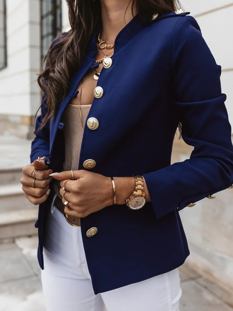 

New Fashion Stand Collar Blazers Women Solid Colors Single Breasted Office Jacket 2021 Long Sleeve Multi Button Slim Work Blazer