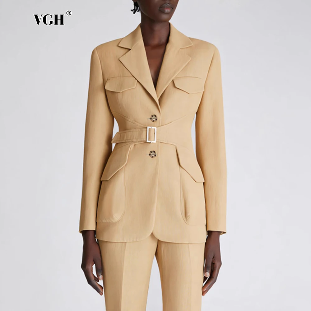VGH однотонный сращенный пояс винтажный утягивающий блейзер для женщин с зубчатым