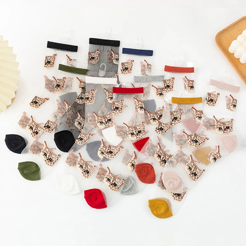 

Women Transparent Cute Cat Socks Korean Fashion Ladies Summer Thin Crystal Silk Socks JapaneseTrendy Kawaii Glass Fiber Socks