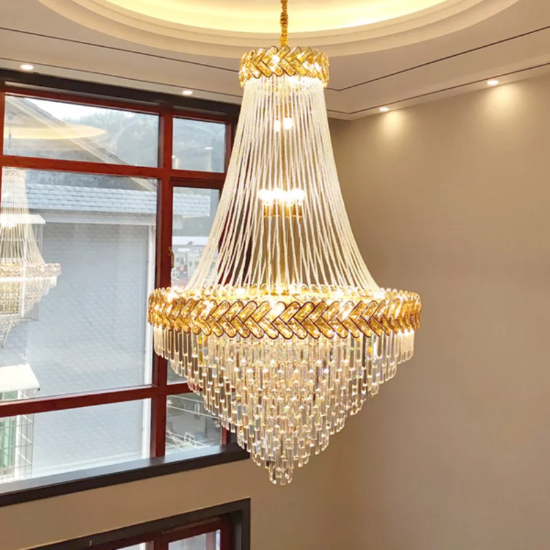 

Светодиодная Подвесная лампа с кристаллами, роскошный длинный светильник для лестницы, вращающаяся Люстра для гостиной, индивидуальный дуплексный освещение для вестибюля отеля