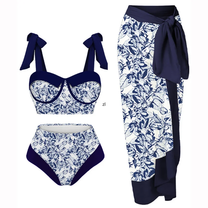 2023 Bikinis Chic Print Bathing Suit Fashion Lace Up High Waist Swimsuit Women Beachwear Split-joint Swimwear Backless Surf Wear