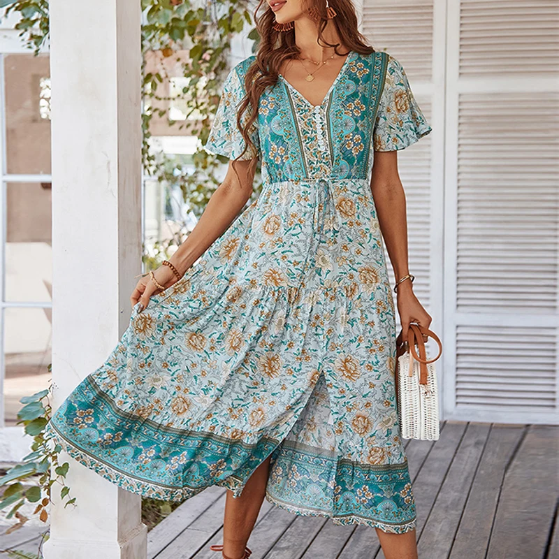 

BHflutter Floral Print Boho Dresses for Women 2022 Fashion V neck Casual Short Sleeve Dresses Patchwork Long Beach Dresses Robe