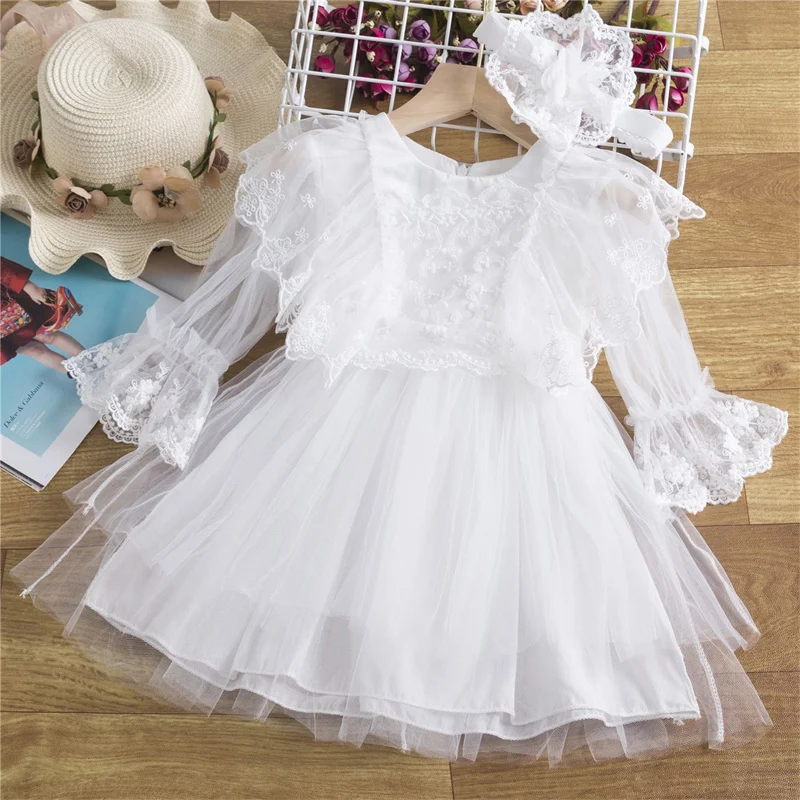 

Girls White Lace Dress Summer Kids Wedding and Birthday Party Elegant Princess Costume