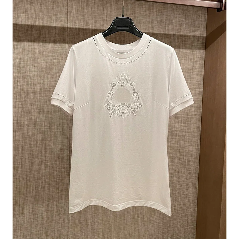 

Женская ажурная футболка с коротким рукавом, белая Повседневная модельная футболка с вышивкой и логотипом, элегантный женский топ с круглы...