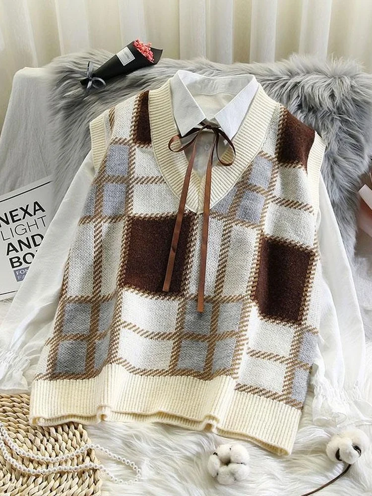 

Preppy Style Women Knitted Vest Sweater Sleeveless Tanks V-neck Spring Autumn Pullover Argyle Sweaters Jumper Vests Female Tops