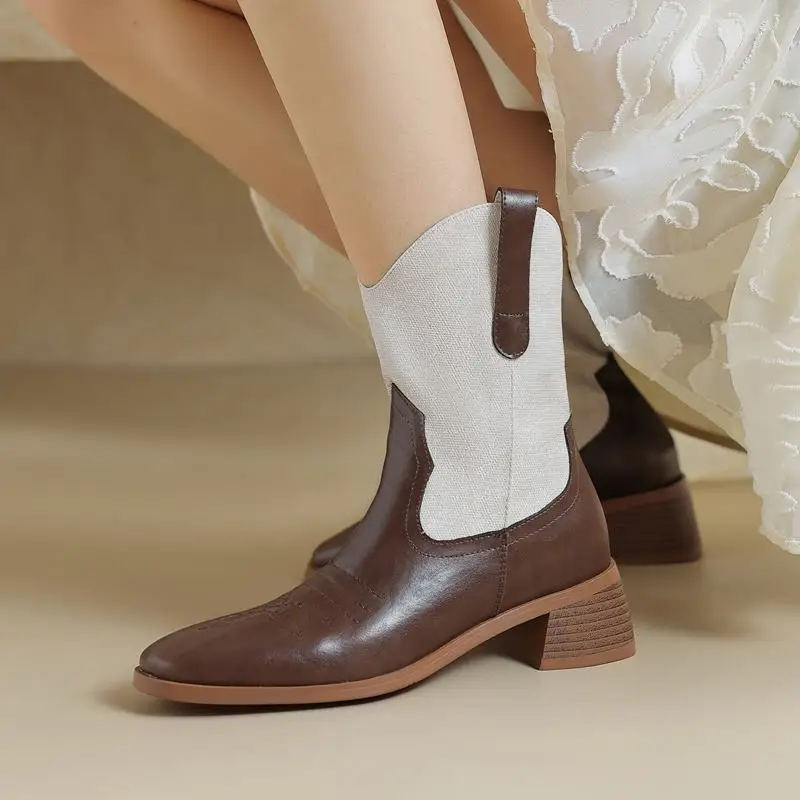 

9 Years Old Shop Denim + Genuine Leather Women Boots Autumn Winter Fashion Leisure Outdoor Thick Heel Woman Ankle Boots
