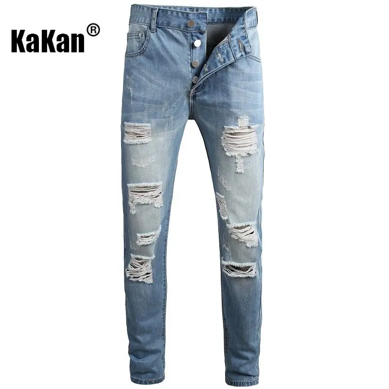 Kakan-Street Nostalgic Personality Broken Button Straight Men's Jeans, New Blue Jeans Men's Pocket Decoration K02-904