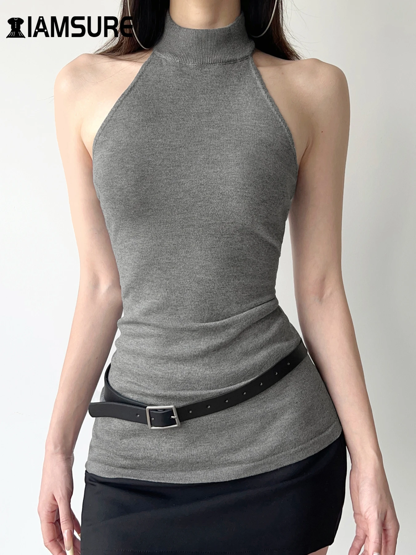 IAMSURE сексуальные однотонные топы с открытой спиной и лямкой на шее тонкая