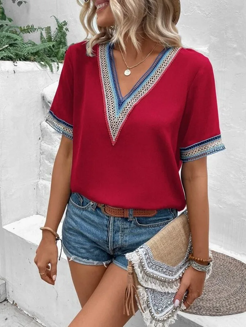 

Fashion V-neck Lace Patchwork Women Tops And Blouses 2023 Summer White Casual Sleeveless Tank Top Femme Blouse Shirt