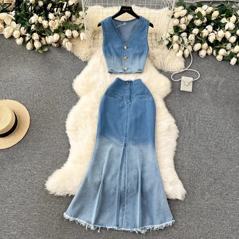 Женский винтажный Джинсовый комплект из двух предметов Элегантный жилет с