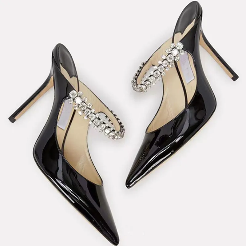 2023 New Pointed Rhinestone Muller Semi-trailer Flat Shoes Patent Leather Shallow French High Heel Women's Shoes Slippers