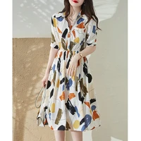 summer printing short sleeve a line office dresses for lady pleated regular mid dress polo single breasted casual korean dress