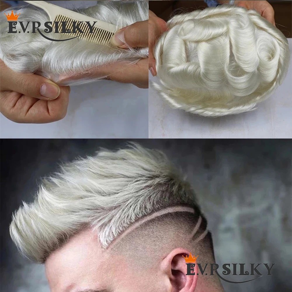 

Super Thin Skin Full Pu For Men Wave #60 Platinum Blonde Hairpieces Durable Replacement System Toupee Male Hair None Lace 8x10"