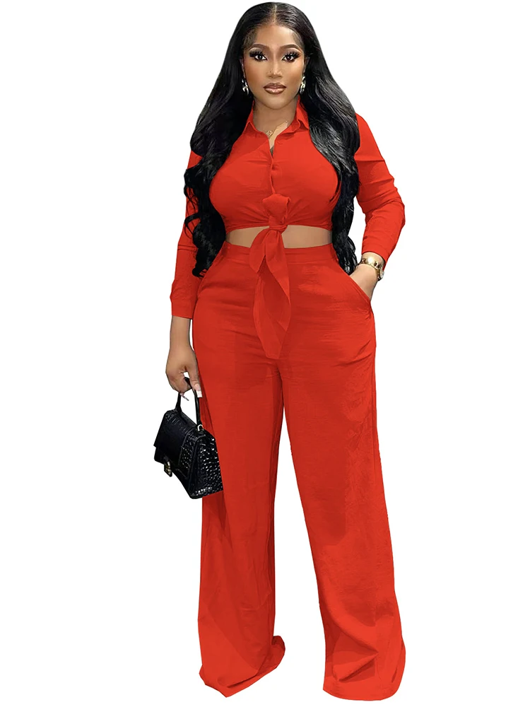 

2 Piece Sets Women Outfits Lace Up Shirt Crop Tops And Wide Leg Pant Suits 2022 Fashion New Solid Color Streetwear Matching Set