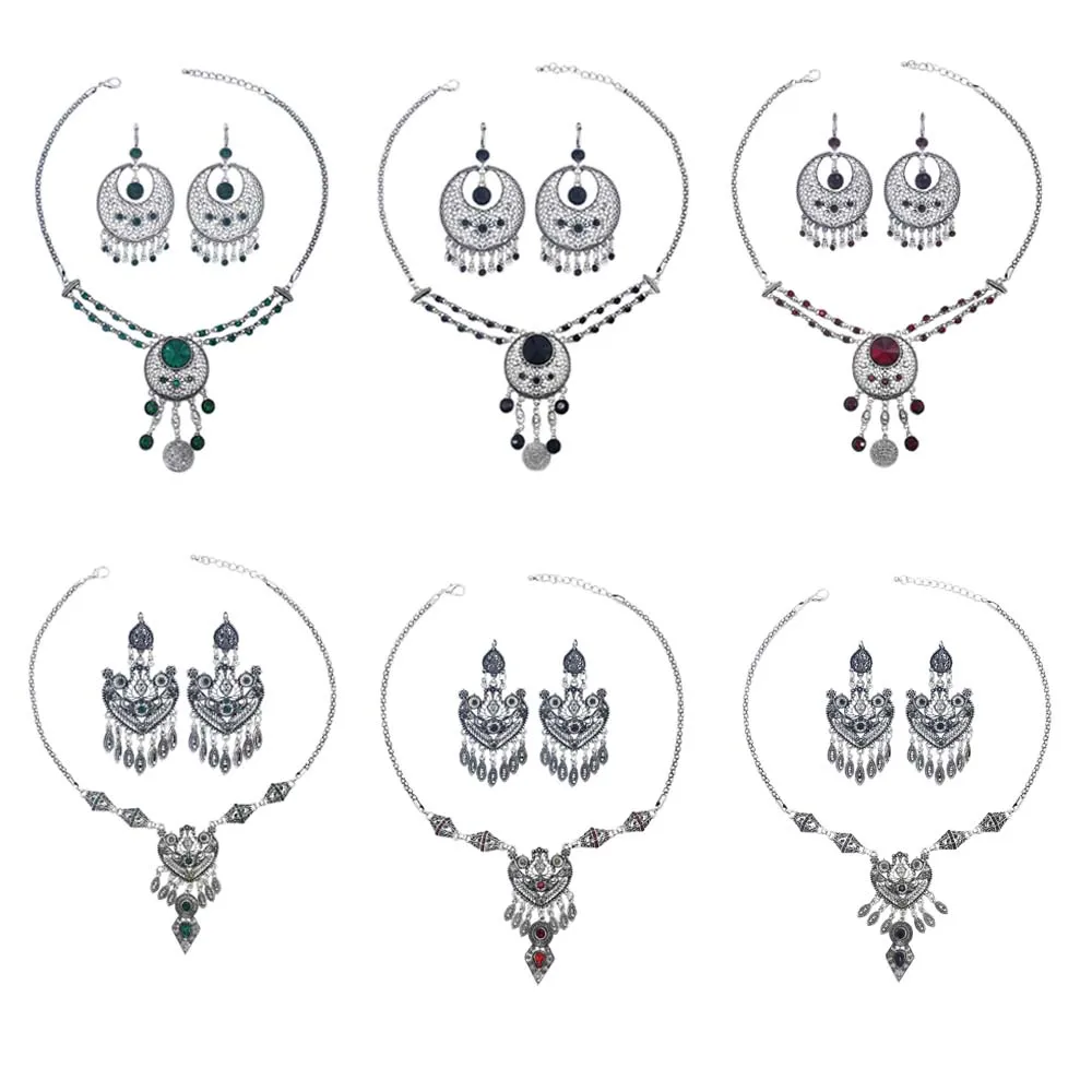 

Gypsy Turkish Vintage Metal Stone Coin Necklaces & Earrings Sets for Women Boho Afghan Turkish Tribal Party Jewelry Sets Gift