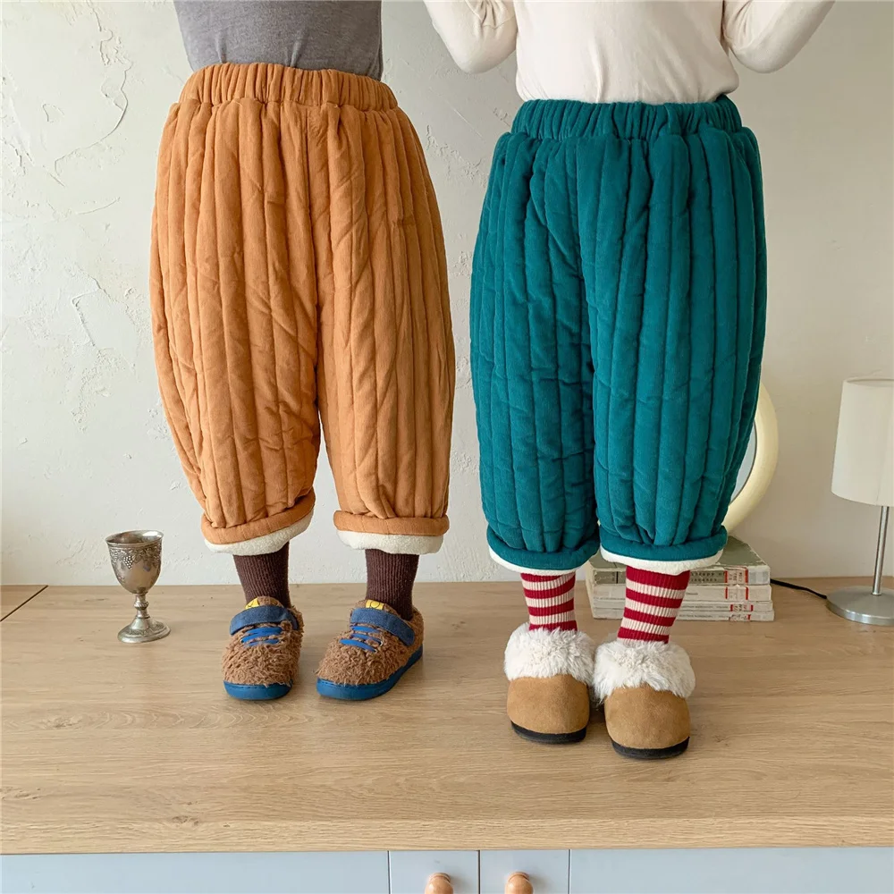 

Осенне-зимние однотонные вельветовые стеганые брюки унисекс, модные Свободные флисовые утепленные брюки на бедрах для мальчиков и девочек